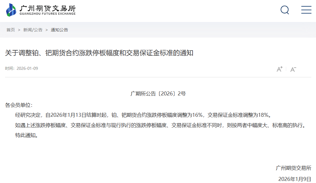 广期所：将于12月29日交易时起调整铂、钯期货相关合约交易指令每次最小开仓下单数量、交易限额